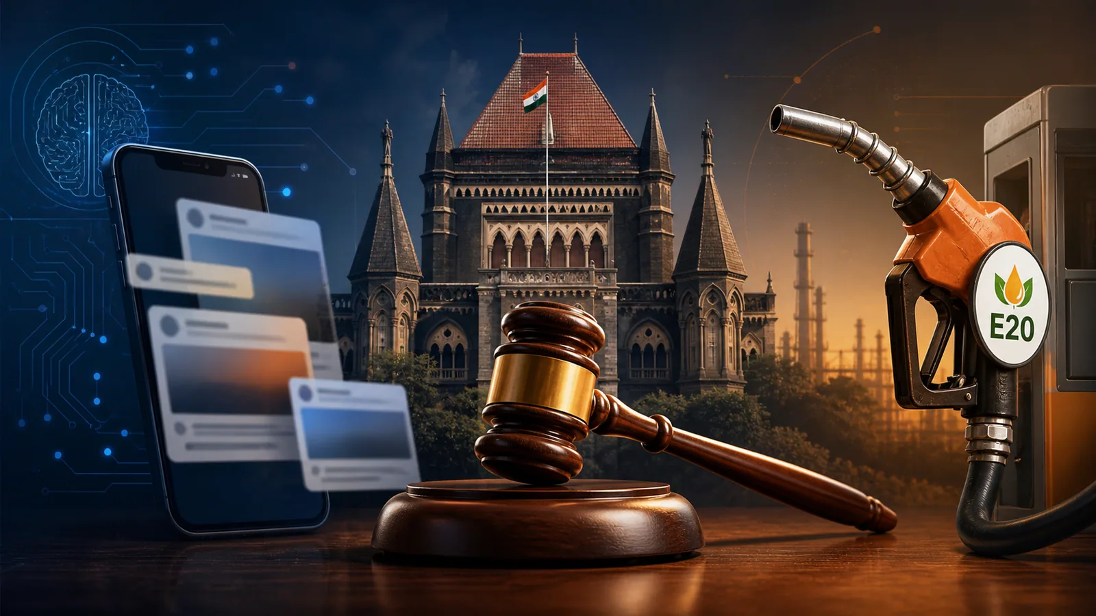 Editorial illustration of the Bombay High Court, a judge's gavel, social media posts and an E20 fuel nozzle